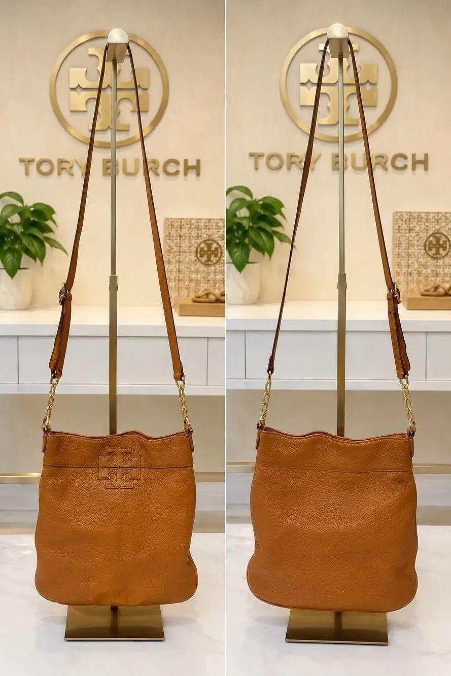 Tory Burch Stacked T Book Crossbody Camel Brown Butter Leather Bag Purse